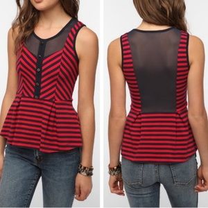Forever 21 Red & Blue Striped & Sheer Buttoned-Down Peplum Shirt